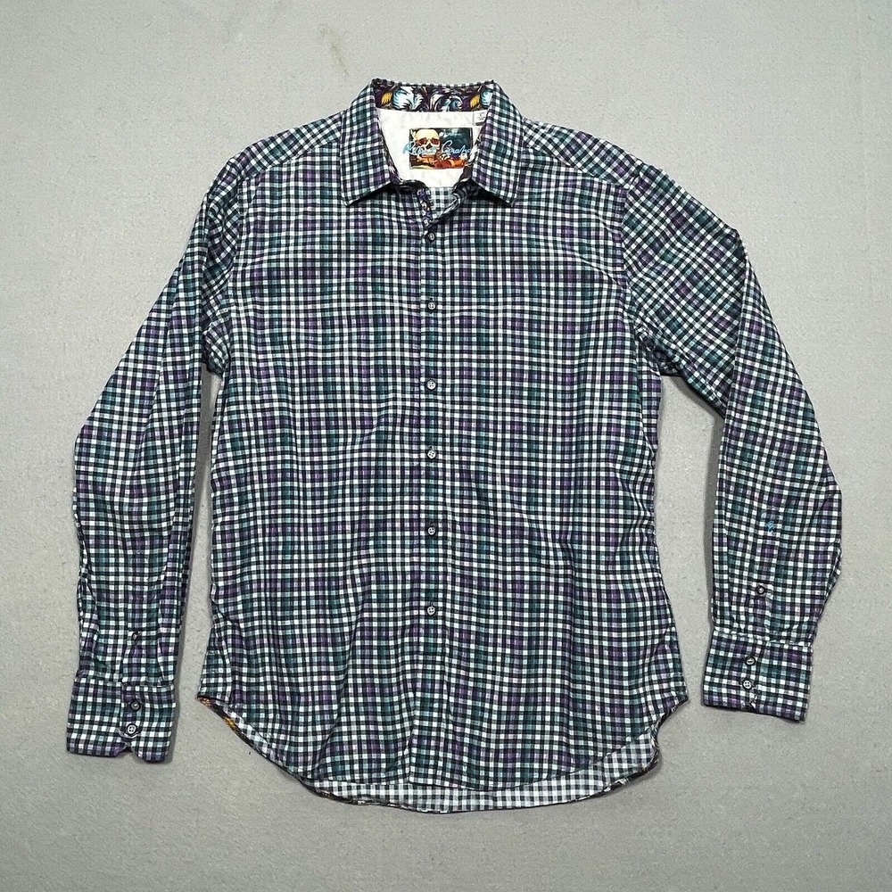 Robert Graham Shirt Men Large Flip Cuff Purple Green‎ Plaid Summer Casual